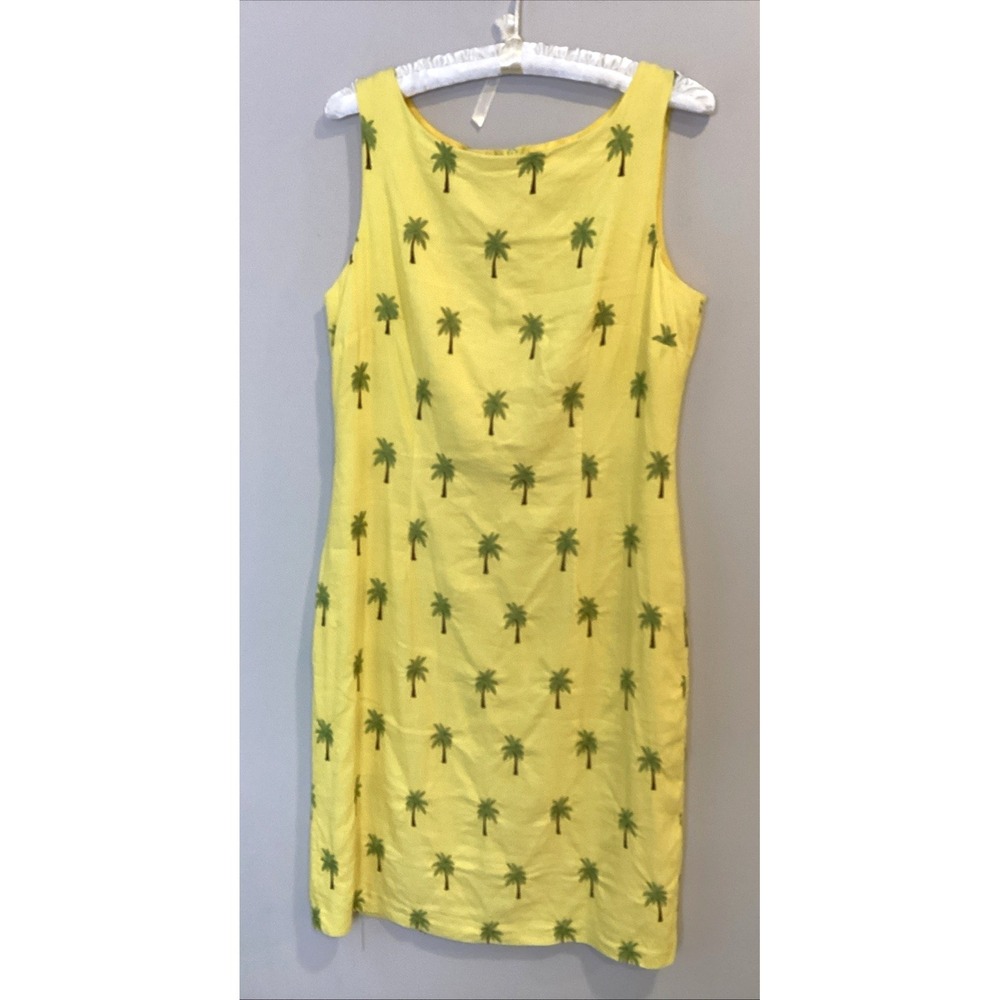 R&K Linen Blend Women's Dress 10 Yellow Palm Trees Tropical Sleeveless Y2K Beach